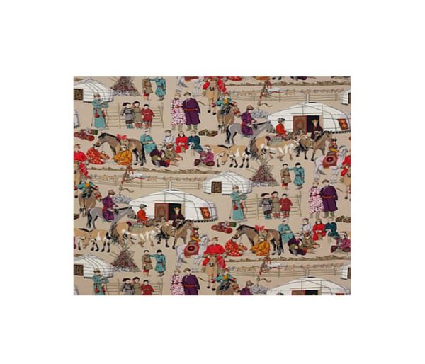 Tissu représentant une scène de vie des nomades du sézsert de Gobi