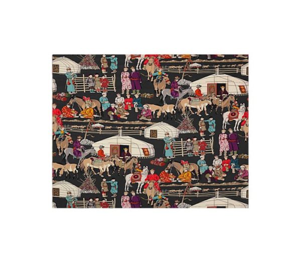 Tissu représentant une scène de vie des nomades du sézsert de Gobi